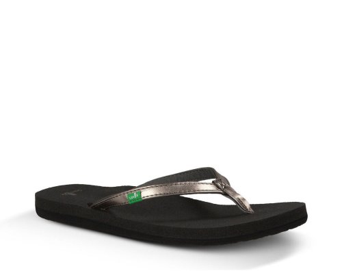 Sanuk Womens Yoga Joy Metallic Black / Gold Flip Flops | BZFUKR728